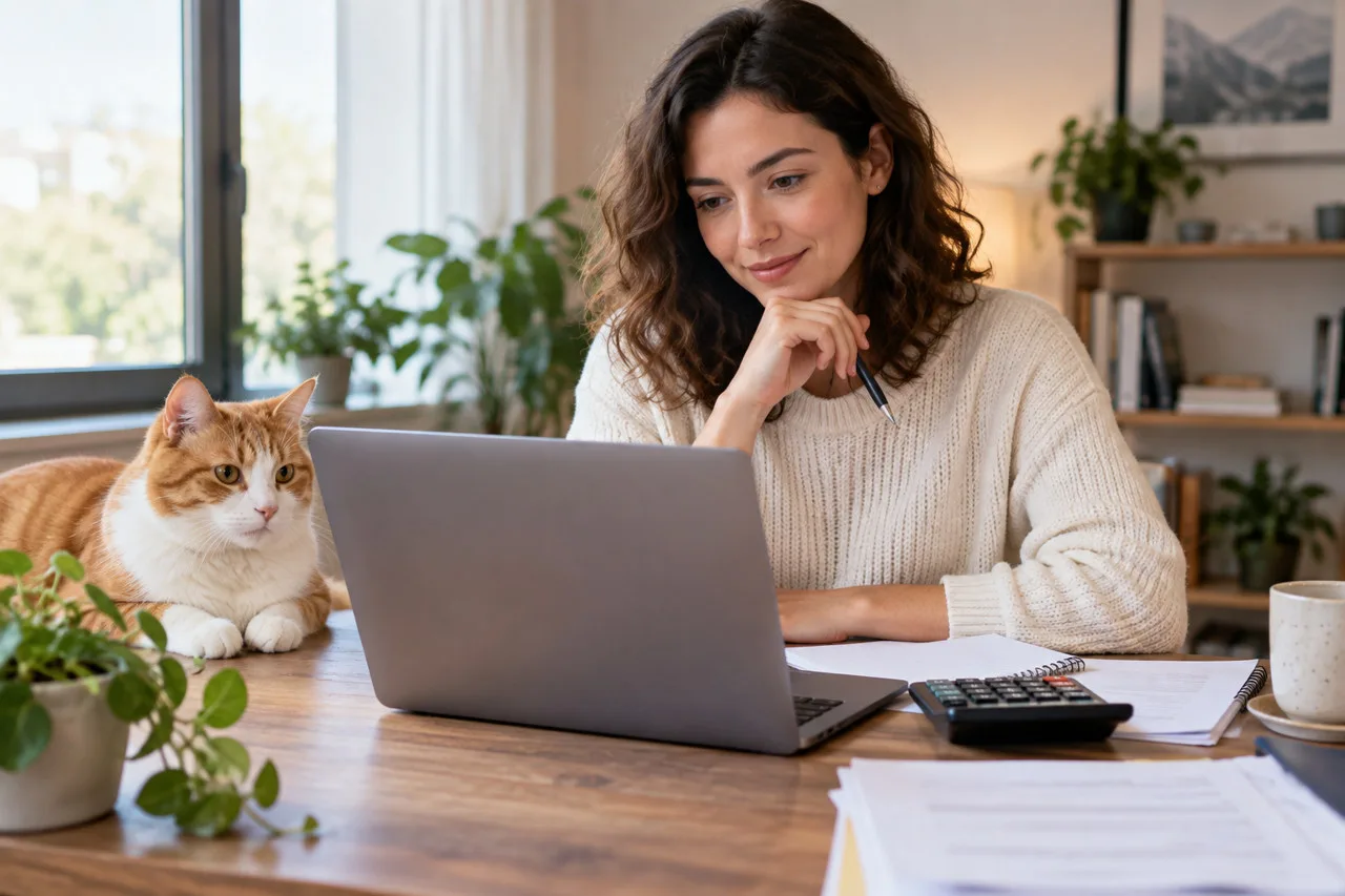 Owner using a laptop beside a cat