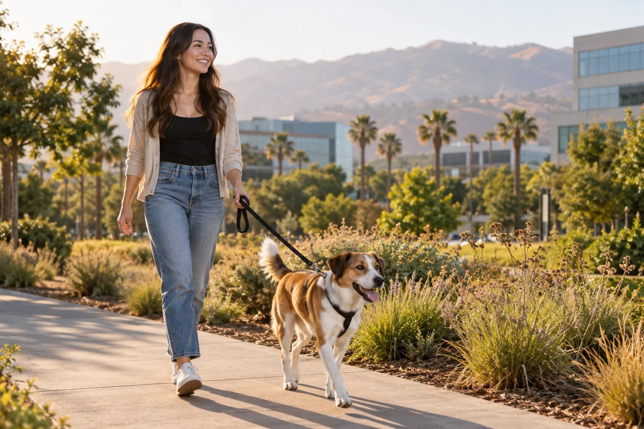 Owner walking a dog along a landscaped path; illustrative scene, not an identified Austin location
